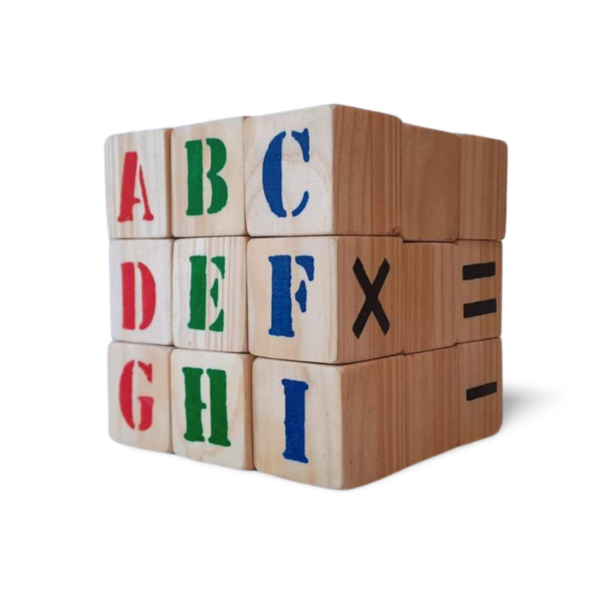 Handcrafted wooden alphabet blocks for indoor play.