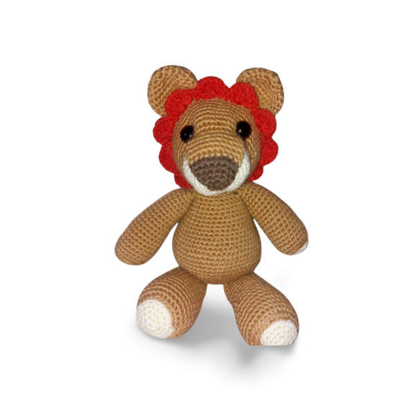 An handmade crocheted lion teddy bear crafted from high-quality wool for children , this precious plush leeutjie will leave your child feel loved.