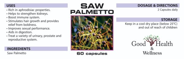 Saw Palmetto is believed to have anti-inflammatory properties and may help with hormone balance, making it popular in supplements for overall male health.Assisting in the prosphate and with sexual desire.There is 60 capsules in the holder.