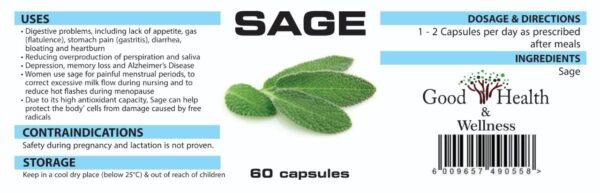 Sage, the natural option for woman - health. Ease the symptoms of menopause. Assists in relieving hot flashes. Extremely effective for supporting and harmonizing estrogen balance. Beneficial if you are struggling with PMS or  irregular cycles. 60 capsules.