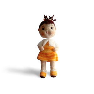 This Sweet Gurlz is named Mandy and she is one of a kind and never to be repeated 100% the same as it is exclusively handmade for Die Trollie. She has brown hair and is dressed in an orange dress and cream jersey.