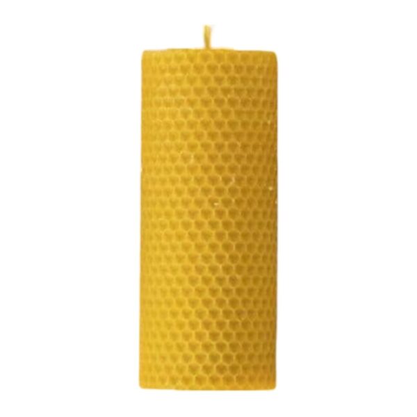Handcrafted yellow beeswax candle with a honeycomb texture.