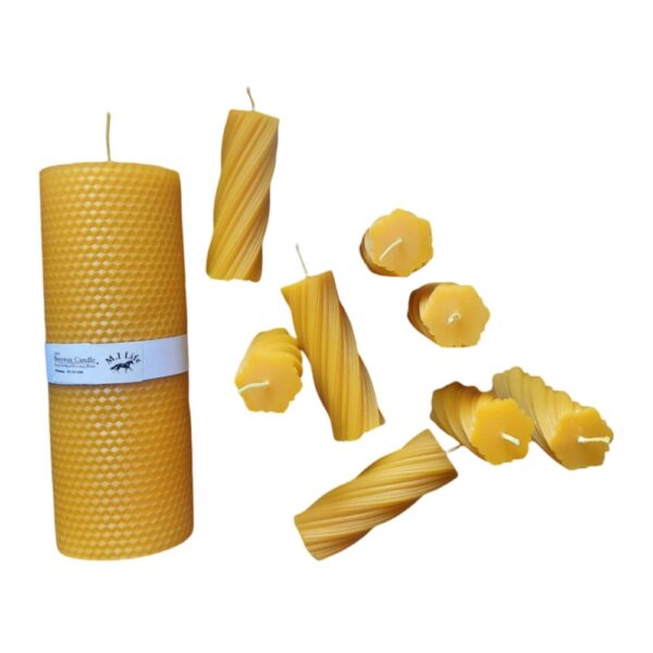 ssorted handcrafted beeswax candles, including honeycomb and twisted designs.