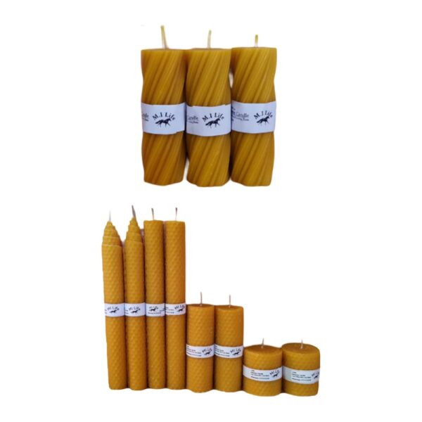 Two groups of beeswax candles: twisted candles on top and honeycomb candles below.