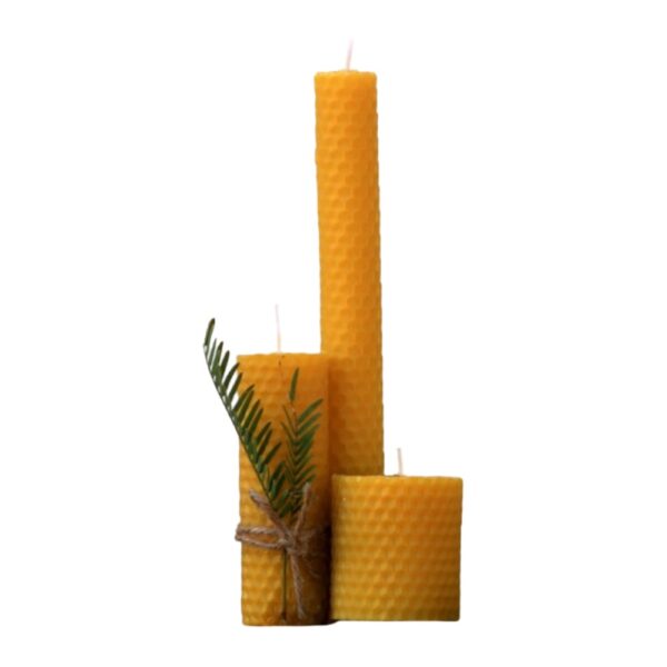 Three handcrafted beeswax candles in varying heights, featuring a natural honeycomb texture and adorned with a delicate sprig, creating a warm and inviting ambiance.