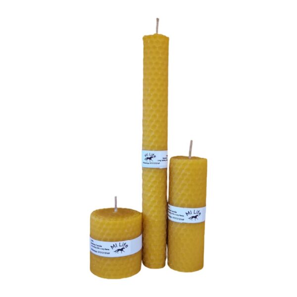 Three yellow beeswax honeycomb pillar candles of different heights, with "MI Life" branding.