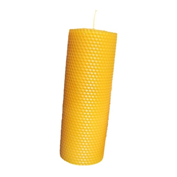 Single yellow beeswax honeycomb pillar candle.